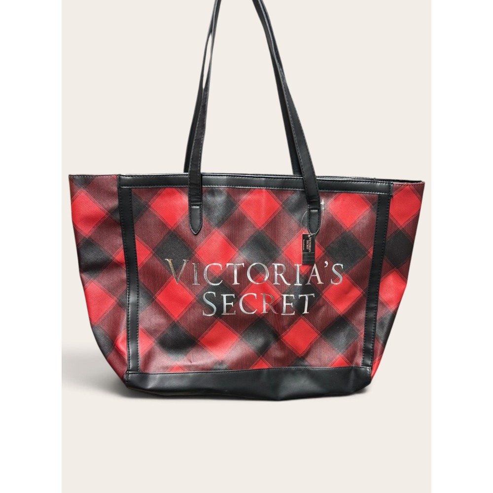 Victoria's Secret Red Black Buffalo Plaid Holiday 2021 Tote Bag NWT